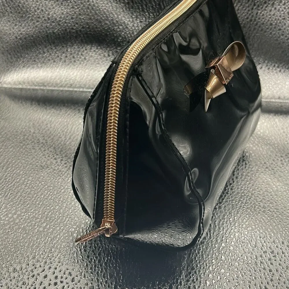 Ted Baker Bow Front Cosmetic Bag Black Patent Leather Rose Gold Hardware Travel